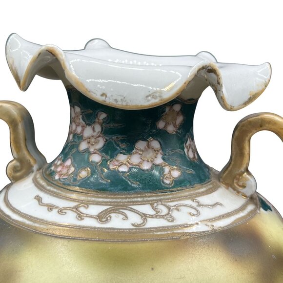 Nippon Rare Antique Hand Painted Floral Two Handed Vase Ruffled Rim 3D Bloomcore - Picture 7 of 15